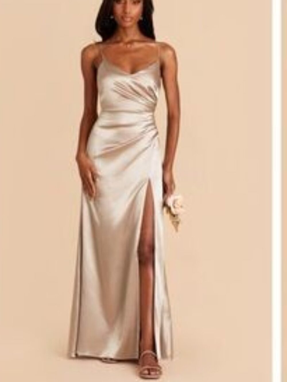 Satin Ruched Slip Prom Dress with Thigh Slit - Champagne